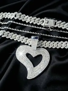 Street Punk Blingbling Heart Pendant Necklace Set, Sparkling Cuban Rope Chain Jewelry for Men Women, Perfect for Party Festival Daily Wear, Punk Style Necklace, Heart Design Necklace