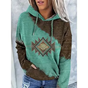 Vintage Long Sleeve Drawstring Hoodies Sweatshirt - Western Ethnic Print Kangaroo Pocket Hoodie - Women's Clothing