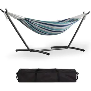 Single Hammock with Stand, Heavy Duty 450 lbs Capacity, Brazilian Style Cotton Fabric Portable Lounger, Easy Assembly Indoor Outdoor Use for Backyard, Balcony, Camping,Ocean Color