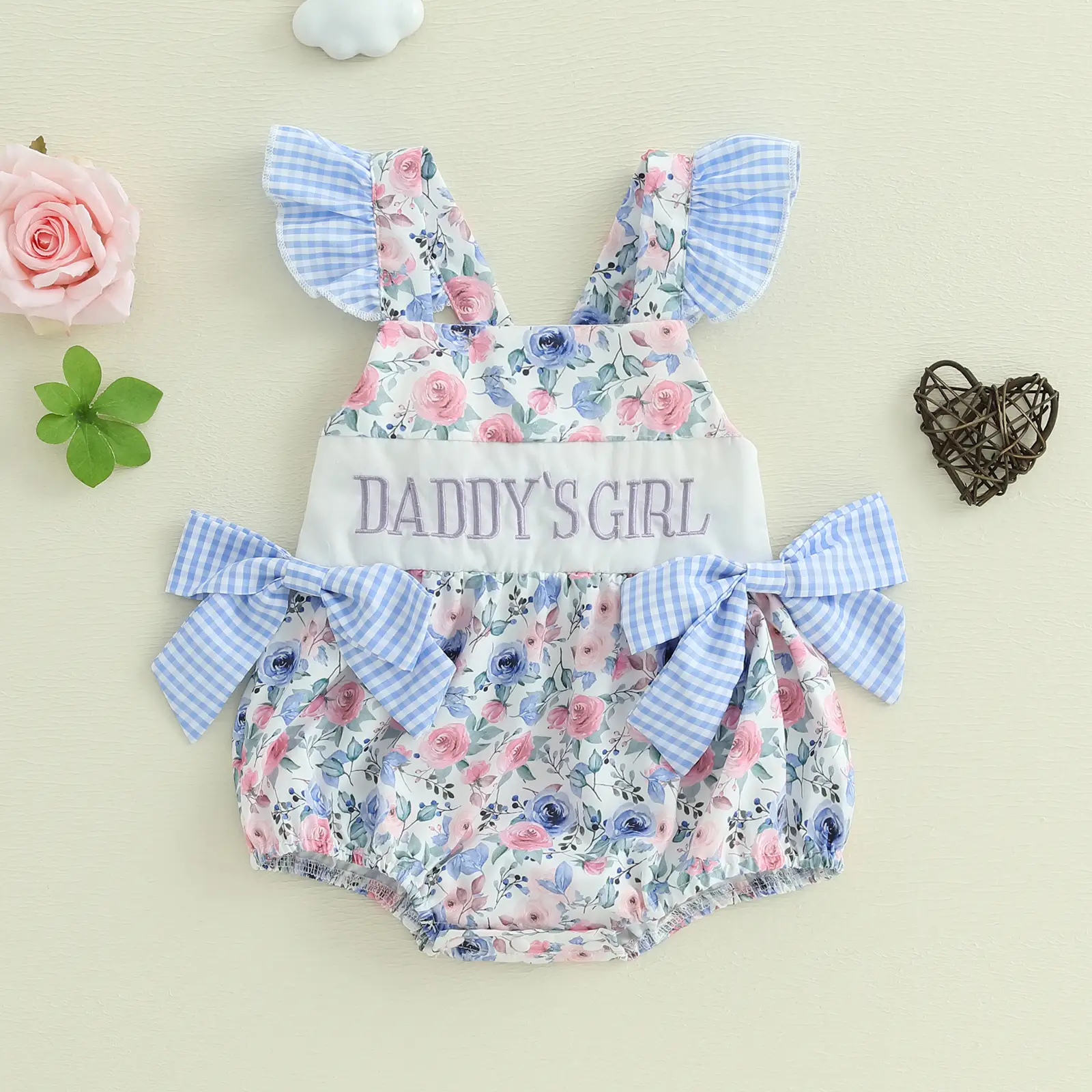Newborn Baby Girl Summer Clothes Flower Letters Print Fly Sleeve Bow Romper Infant Bodysuit Cute Daddys Girl Outfit