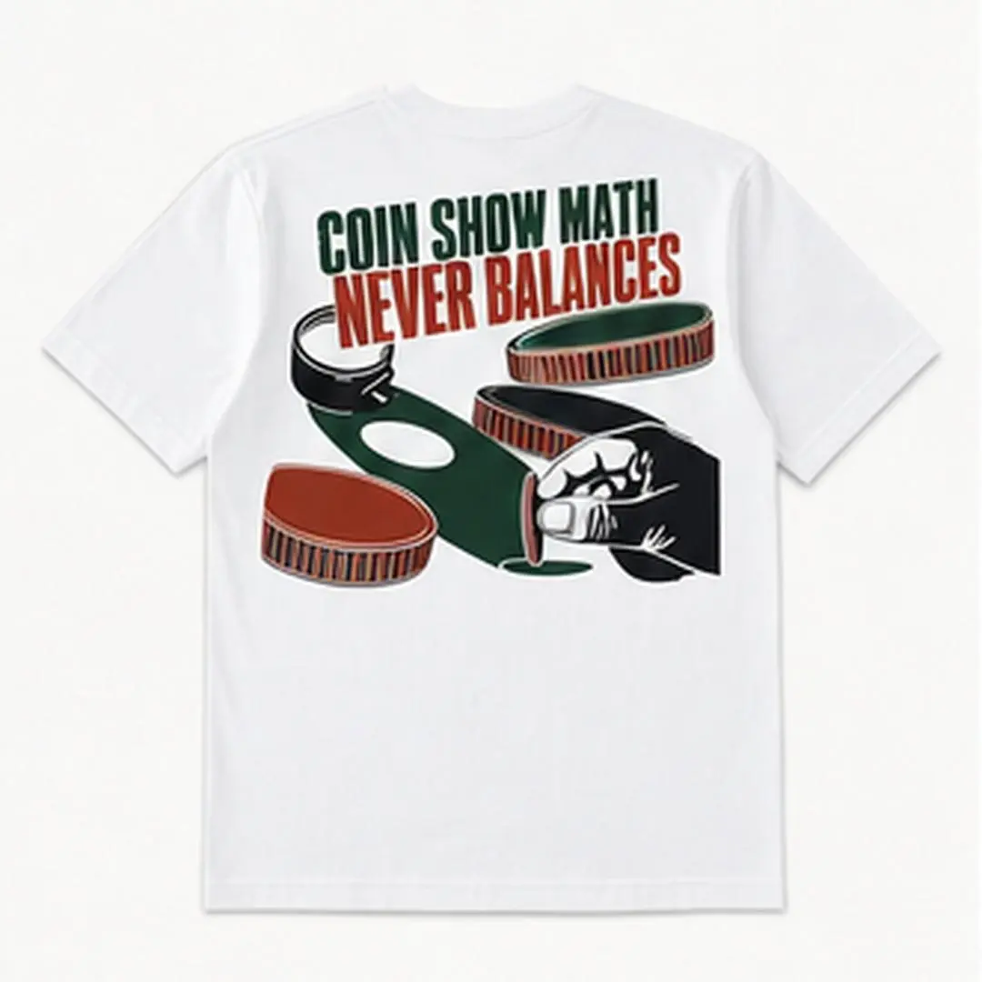 COIN SHOW MATH NEVER BALANCES Men's White Graphic T-Shirt Short Sleeve Crew Neck Cotton Blend Funny Coin Collecting Gift for Numismatist Hobbyist Men Who Love Coin Shows original statement print casual everyday tee weekend outfit seasonal