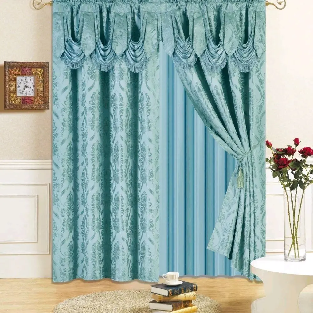 Elegant Teal Damask Curtains with Attached Valance and Tiebacks for Living Room Decor