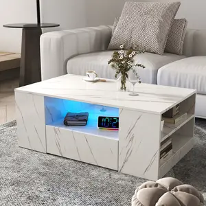14.57 IN HIGHT LED Coffee Table ,Modern Coffee Tables for Living Room,, Storage Coffee Table, Small Coffee Table, Wood Center Table with 2 Drawers and Open Side Shelf