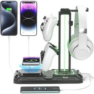 Headphone & Controller Stand with   - Rotatable Headset Stand with 9 Light Modes - Controller Holder with 2 USB and Type C Ports - for Gamers Desktop Accessories