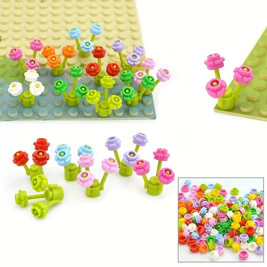 600pcs MOC Plant Building Blocks 24866 1x1 with 5 Petal Flowers Grass DIY Educational Assembles Floret Compatible 24866 Construction