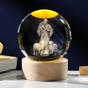 3D Crystal Good Shepherd Jesus Figurine Statue with Wooden Base, 3D Jesus and Lamb Statue Crystal Ball Night Light, Laser Engraved Crystal Jesus Christian Catholic Religious Easter Gifts