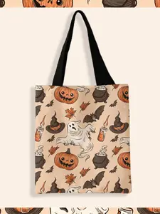 Halloween Pumpkin Ghost Print Storage Bag, Night Scene Casual Fashionable Shopping Bag, Trendy Summer Bag for Daily Shopping Office Use, Reusable Shopping Bags