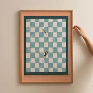 People at Pool Print | Retro Checkerboard Pool | Summer Poster | Tiny People Swimming | Pool House Decor | Frameless Poster E