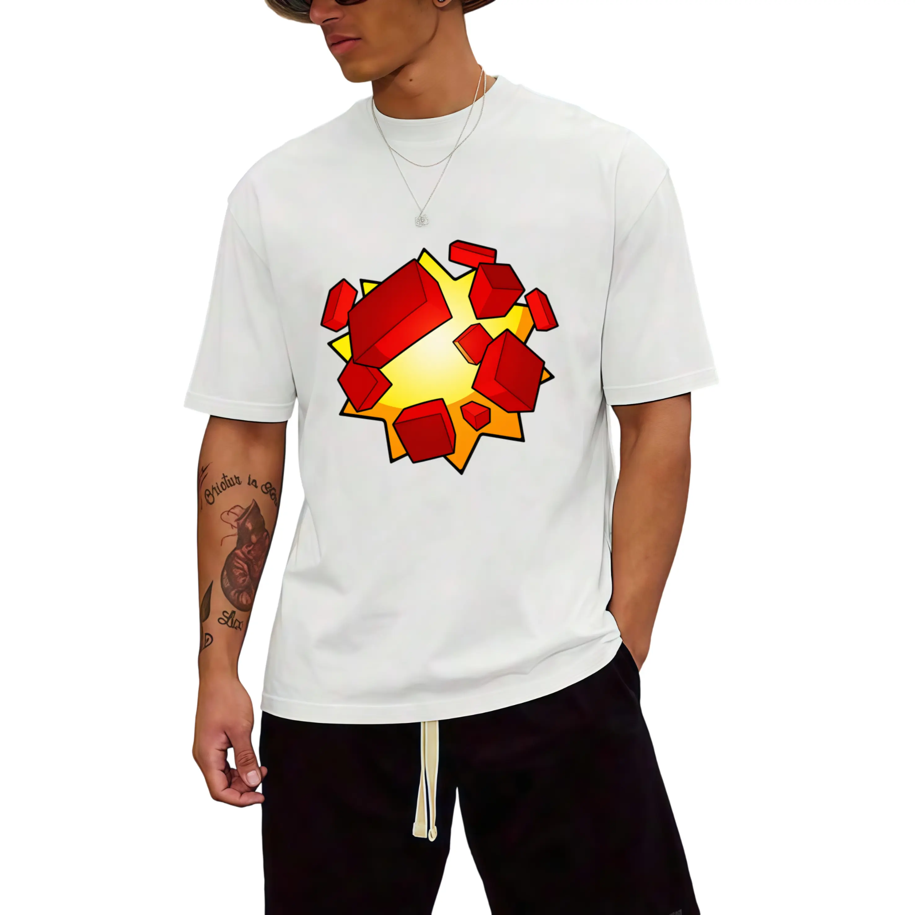 Oversized Crew Neck Short Sleeve T Shirt Featuring Cartoon Burst Star Explosion Graphic With Shattered Red Cube Pixel Redstone Blocks Unisex Soft Cotton Casual Sandbox Video Game Lover Basic Daily Top