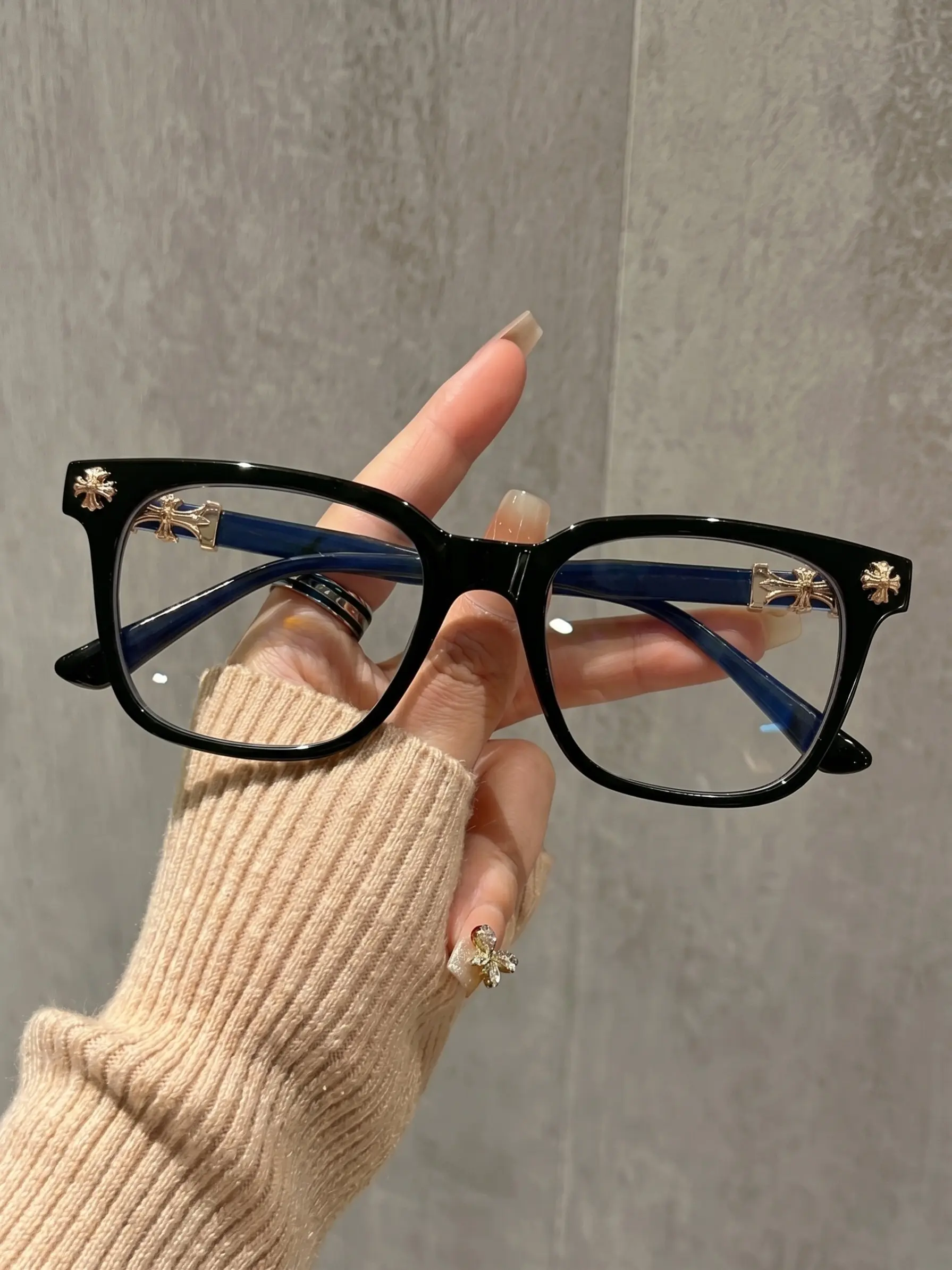 Trendy Retro Blue Light Blocking Glasses, Cross Design Square Frame Non-Prescription Computer Eyewear for Phone Use