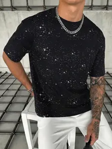 Men's short-sleeved Round Neck shirt with gold sequin embellishment, relaxed drop-shoulder fit, soft and lightweight fabric, perfect for summer vacation wear, versatile for layering or wearing alone, a wardrobe essential, Casual