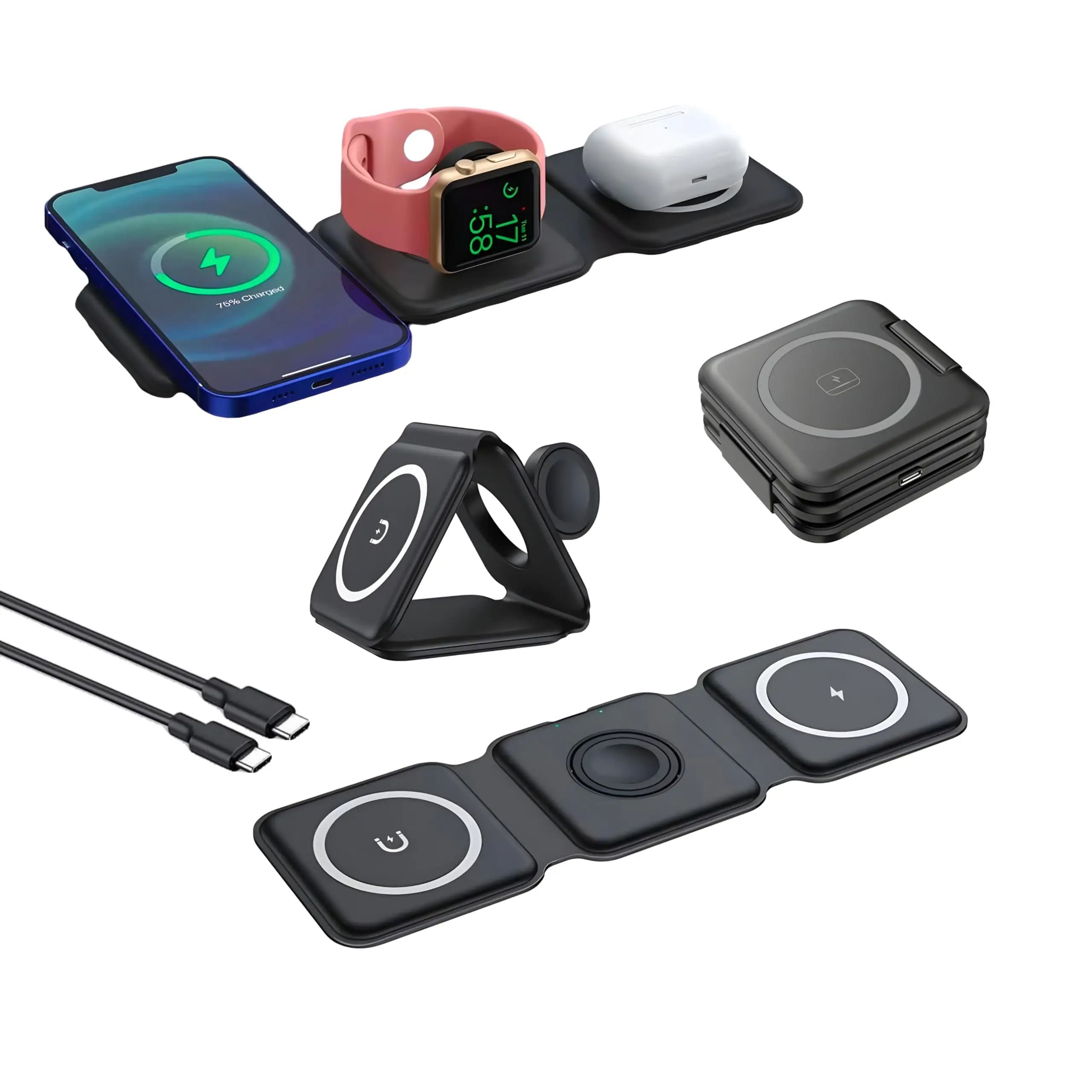 Charging Station for Apple Multiple Devices - 3 in 1 Foldable Magnetic Wireless Charger Dock - Travel Charging Pad for iPhone 15 14 13 12 Pro Max Plus