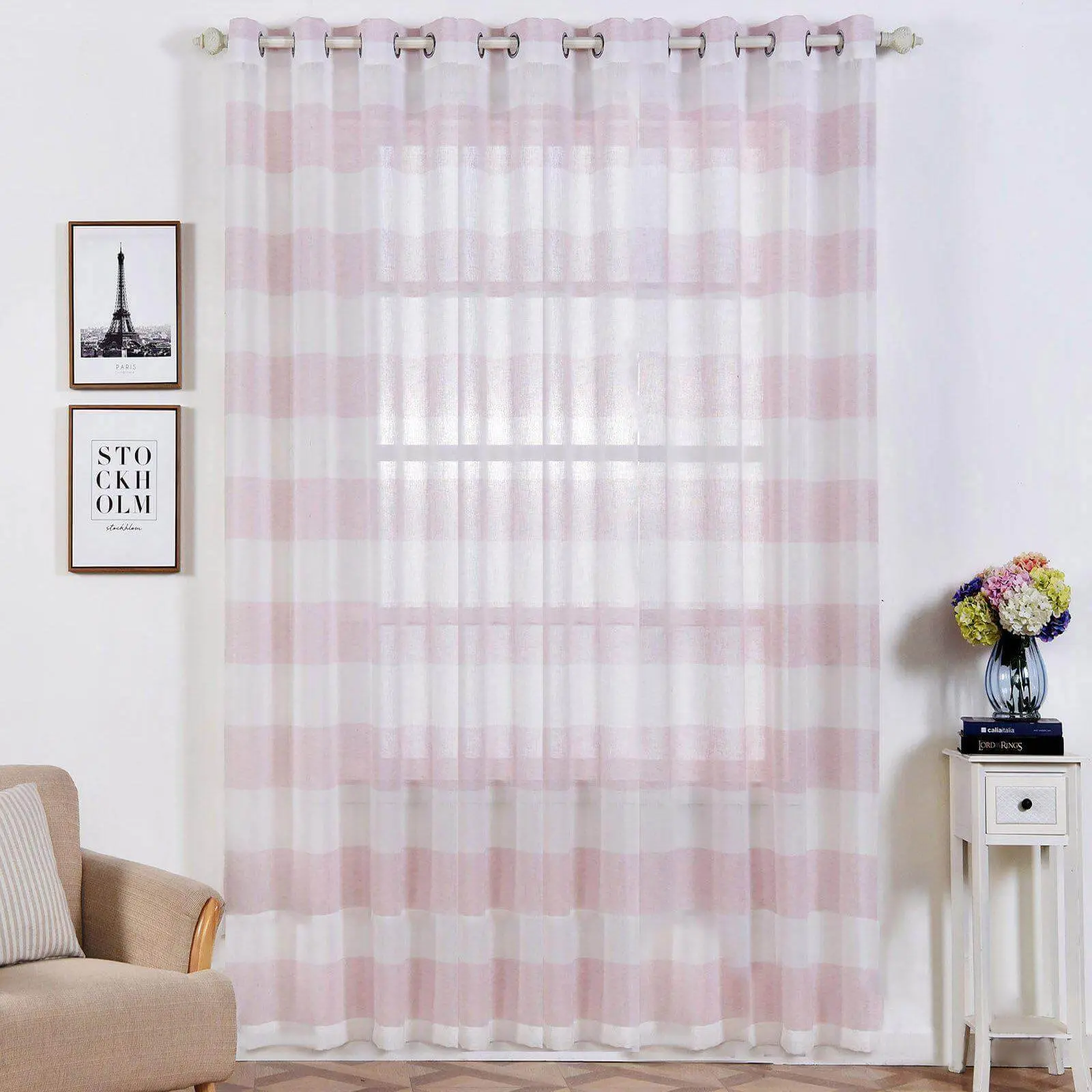 2-Piece White Blush Cabana Print Faux Linen Decorative Prints Curtains with Chrome Grommets (52"x108") - Room Decor Curtain, Window Decor Ideas, Privacy Needs Home Textile Window Treatments