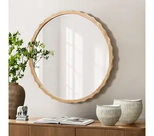 LuxenHome 31.5" Round Natural Rubberwood Scalloped Wall Mirror