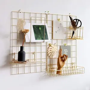 Wall  organizer Wall Grid Panel for Photo Display,Wall Storage Organizer,5 Metal Clips & 3 S Hooks & 4 Nails & 4 Plastic Hanging Buckles and 4 Screws Offered,Size 17.5" x 11.8",2 Pack(Gold) Decor Shelf Installation Room