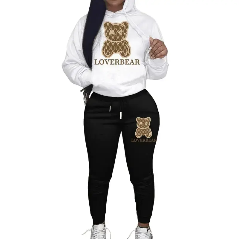 Cartoon Bear Print Two-piece Set, Drawstring Long Sleeve Hoodies & Workout Jogger Pants Outfits, Women's Clothing