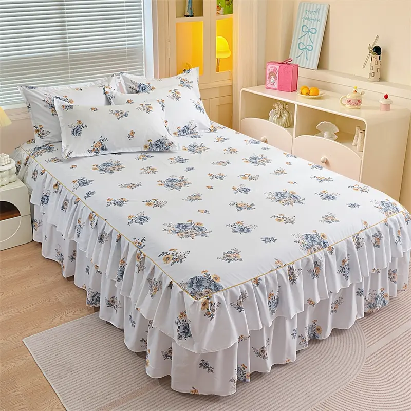 Country Style Bedskirt/Bedsheet set with Two Pillowcases, Floral Design, Double Layer Ruffle Hem, Ultra Soft Fabric, All Seasons Use, Decorative Bedsheet Sets, Decorative Bedding Set