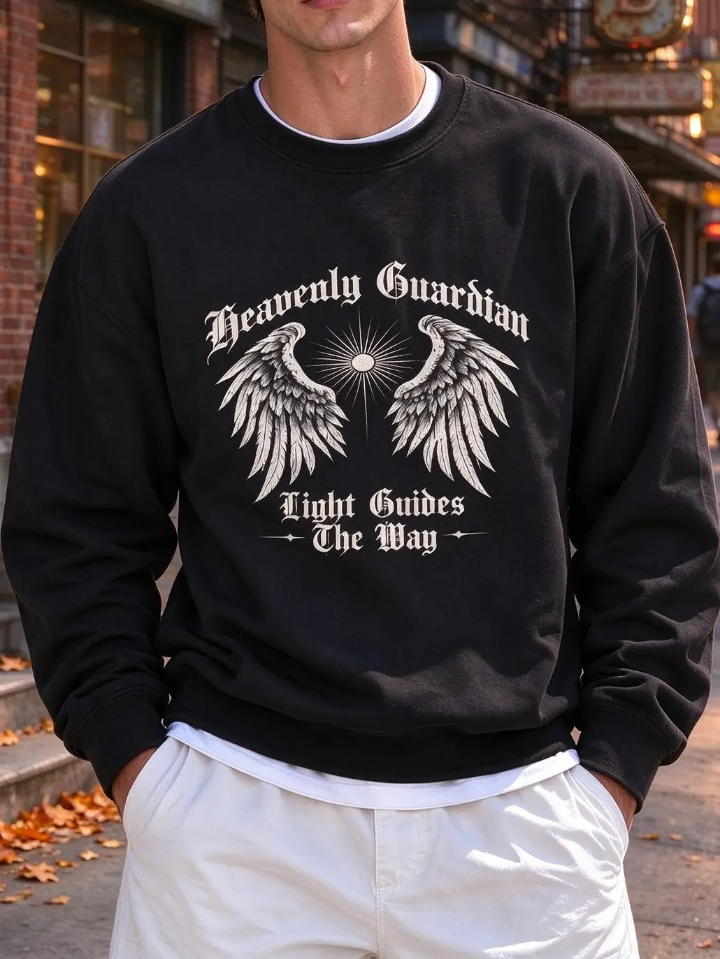 Men's Loose Fit Crew Neck Sweatshirt, Poly-Cotton Fabric, Gothic Wing Text Graphic, Casual Fall & Winter Everyday Wear, S-3XL Retro Western Hoodie with sport game