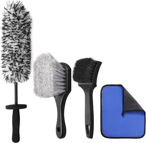 4PCS Professional Wheel Detailing Set - Metal-Free Flat Rim Brush, Dual-Hardness Tire Brushes & Lint-Free Towel | Scratch-Free Brake Dust Removal for All Vehicles