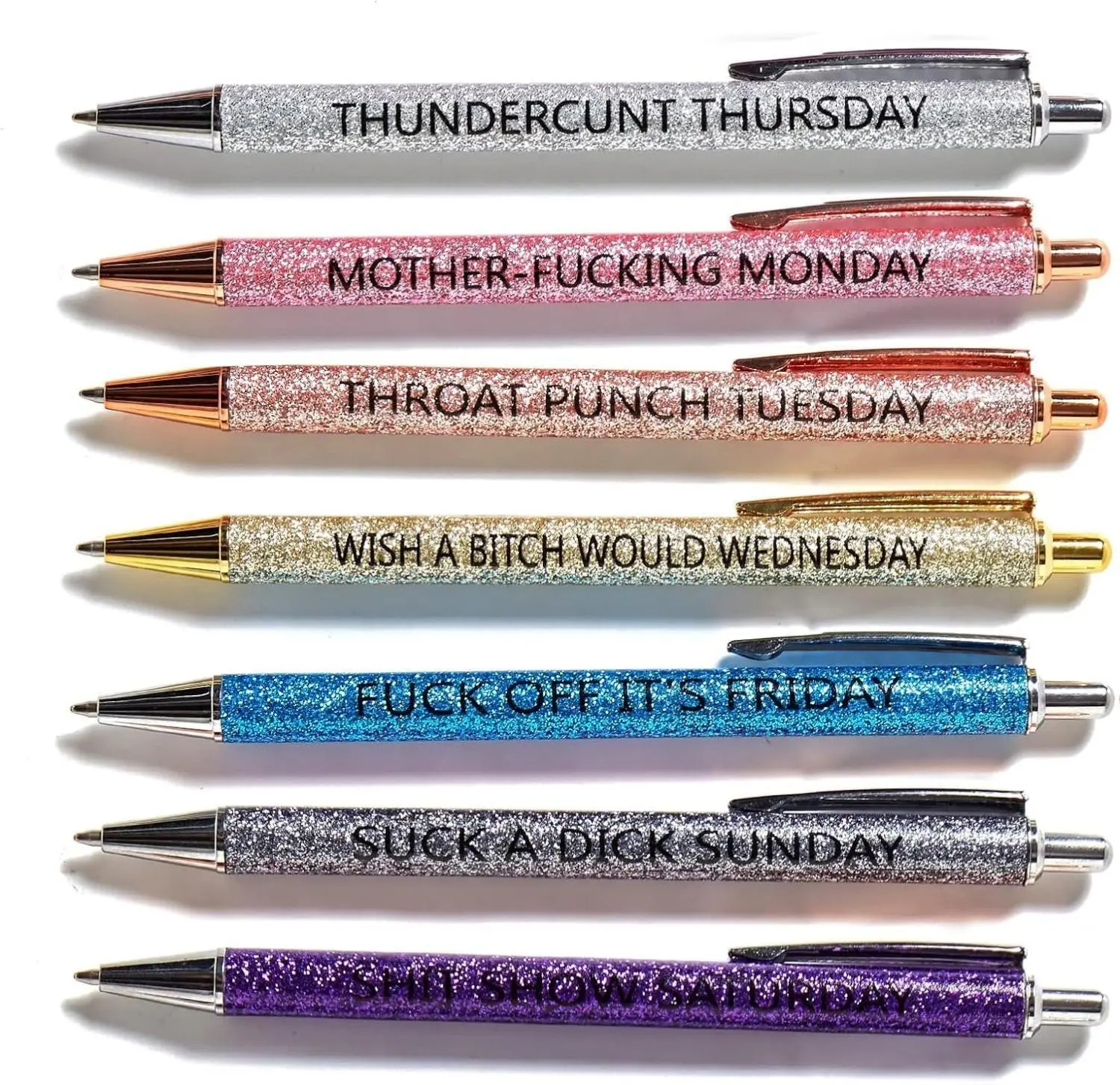 7 Fun Pens for Women - 7pcs Glitter Ballpoint Pens with 1.0mm Medium Point Black Ink, Weekday Mentality-Describing Design, Office Supplies That Grab Attention & Earn Compliments