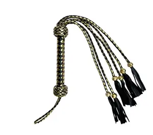Genuine Leather Braided Flogger Black Gold Handmade Cowhide Leather whip