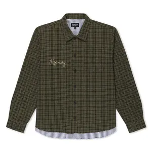 Women's Olive Polyester Embroidered Graphic Striped Casual Flannel Coat - Where The Flowers Bloom Design, Long Sleeve Wool Button Top