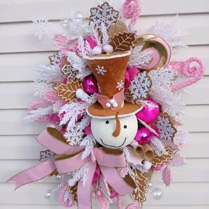 Pink Gingerbread Snowman Wreath with Festive Snowflakes and Pink Accents for Winter Decor