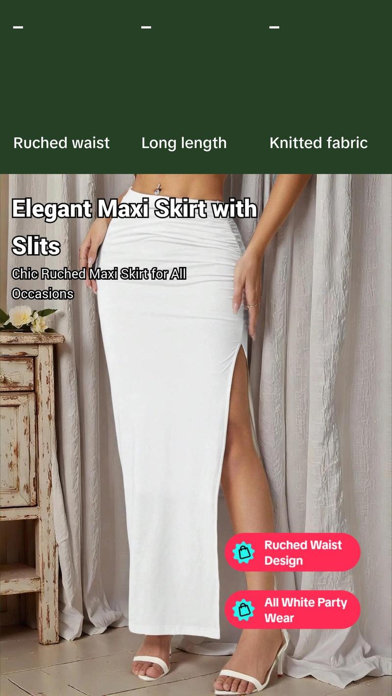 Elegant Ruched Waist Long Skirt for Women - Casual Knitted Fabric with Side Slit for Everyday Comfortable Style - All White Party Wear Womenswear Bottom