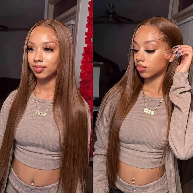 Women's Brazilian Lace Frontal Human Hair Wig - 13x4/13x6 Transparent Lace, Chocolate Brown Bone Straight, 14in/20in, 180% Density, Bling Design, Lace Front Wigs