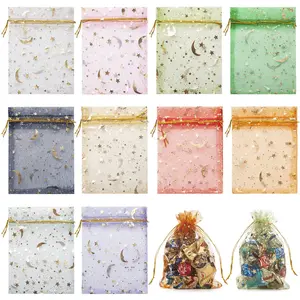 Drawstring Organza Gift Bags - Moon Star Print Sheer Mesh Design, Random Color Pouches, Perfect for Wedding Favors, Jewelry, Candy & Festival Christmas Gifts, Gift Packaging