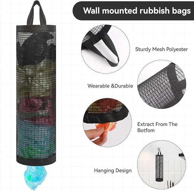 1Pack Plastic Bag Holder, Grocery Bag Holder for Plastic Bags Mesh Hanging Storage Dispenser Trash Bag Organizer Shopping Bag Holder for Plastic Bags