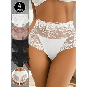 QUASTI 4 Pack High Waist Milk Silk Panties, Wave Edge Lace Spliced Briefs, Soft Stretch Everyday Underwear for Women, S-XXL