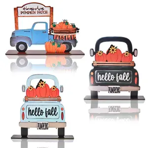 Pumpkin Car Design Wooden Decorative Ornament, 1 Count/3 Counts Rustic Fall Harvest Festival Home Room Holiday Decoration, Thanksgiving Family Party Living Room Shelf Decoration, Halloween