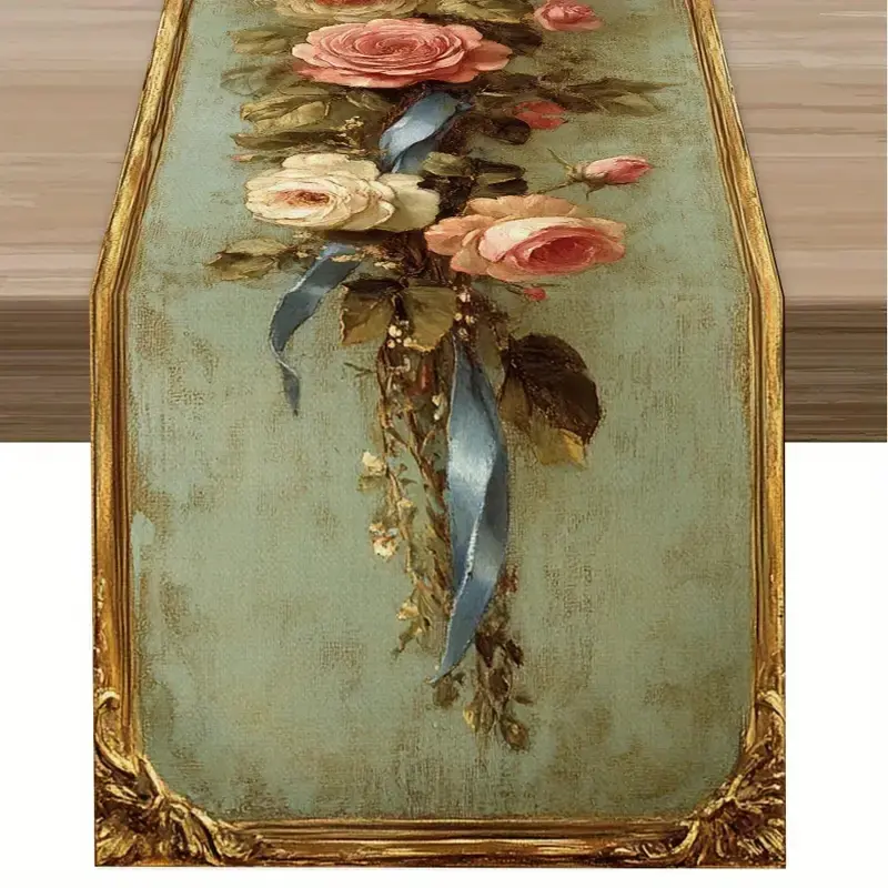 1 elegant floral print table flag - pink roses, green plants and gold - luxurious wedding, banquet, home dining table decoration, retro floral print Centerpiece decoration, classic and exquisite design, banquet center decoration, event planning