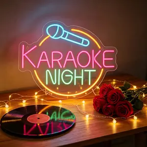 Karaoke Night microphone styling music neon light, pink yellow and blue color matching LED ambient light, video room studio live stream wall decoration atmosphere good thing
