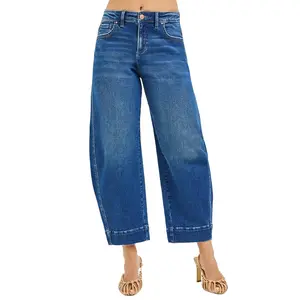 Risen Mid Rise Cropped Barrel Jeans PGC21490 in Dark Wash