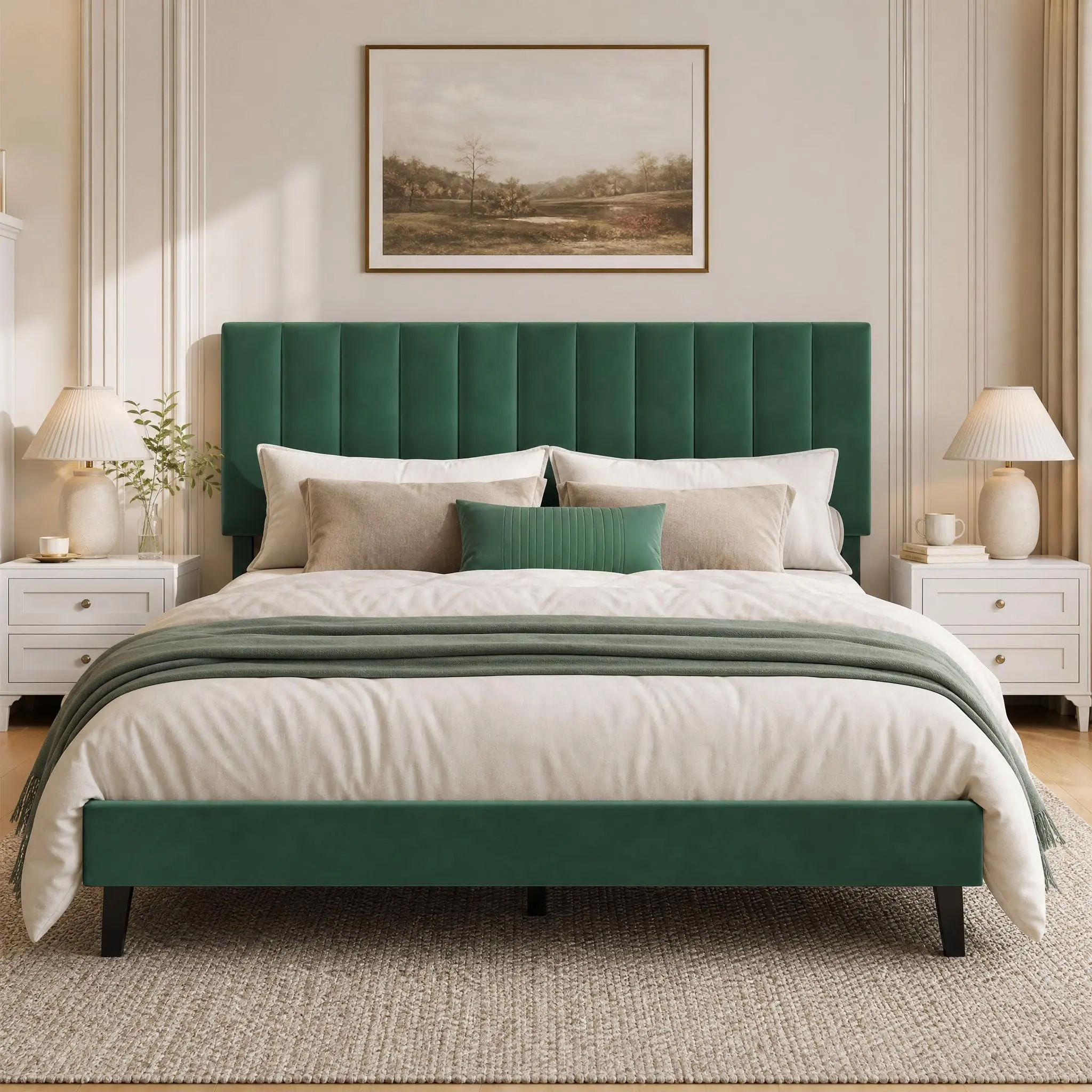 Dark Green Queen Size Velvet Upholstered Tufted Bed Frame, Adjustable Vertical Channel Tufted Headboard, No Box Spring Required, Easy Assembly