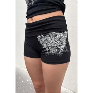 Y2K McBling Fleur Cross & Wing Graphic Rhinestone Print Fold-Over Shorts