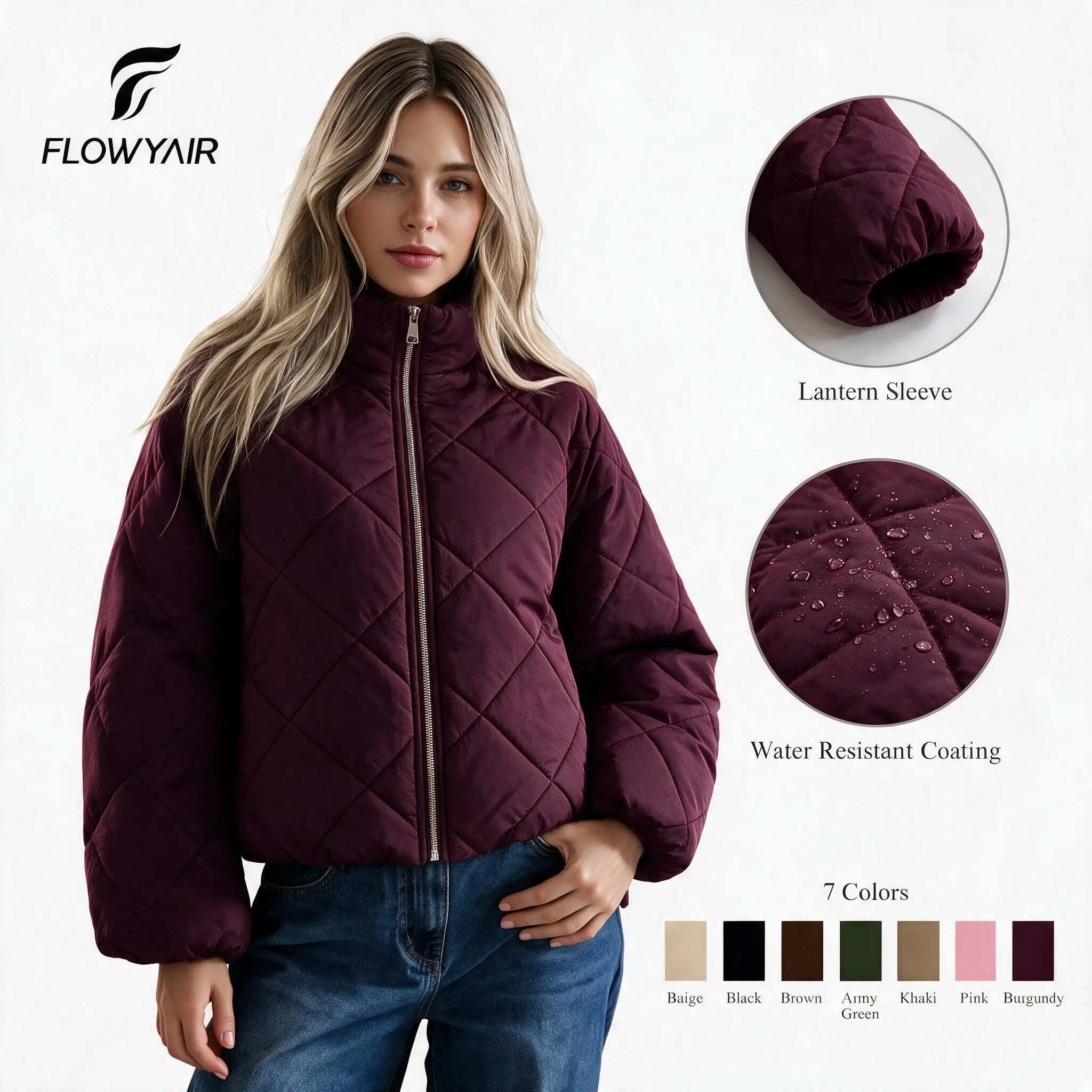 Flowyair Women's Loose-Fit Oversized Cropped Polyester Quilted Stand Collar Diamond Padded Lightweight Water-Resistant Full-Zip Long-Sleeve Jacket with Pockets, Casual Fall Winter Streetwear Outerwear, Puffy Sleeve Women's Lightweight Jackets
