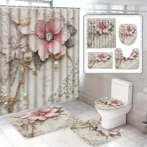4pc French Vintage Pearl Floral Shower Curtain Set, Waterproof, Non-Slip, Modern Bathroom Decor, Perfect Gift for Family and Friends