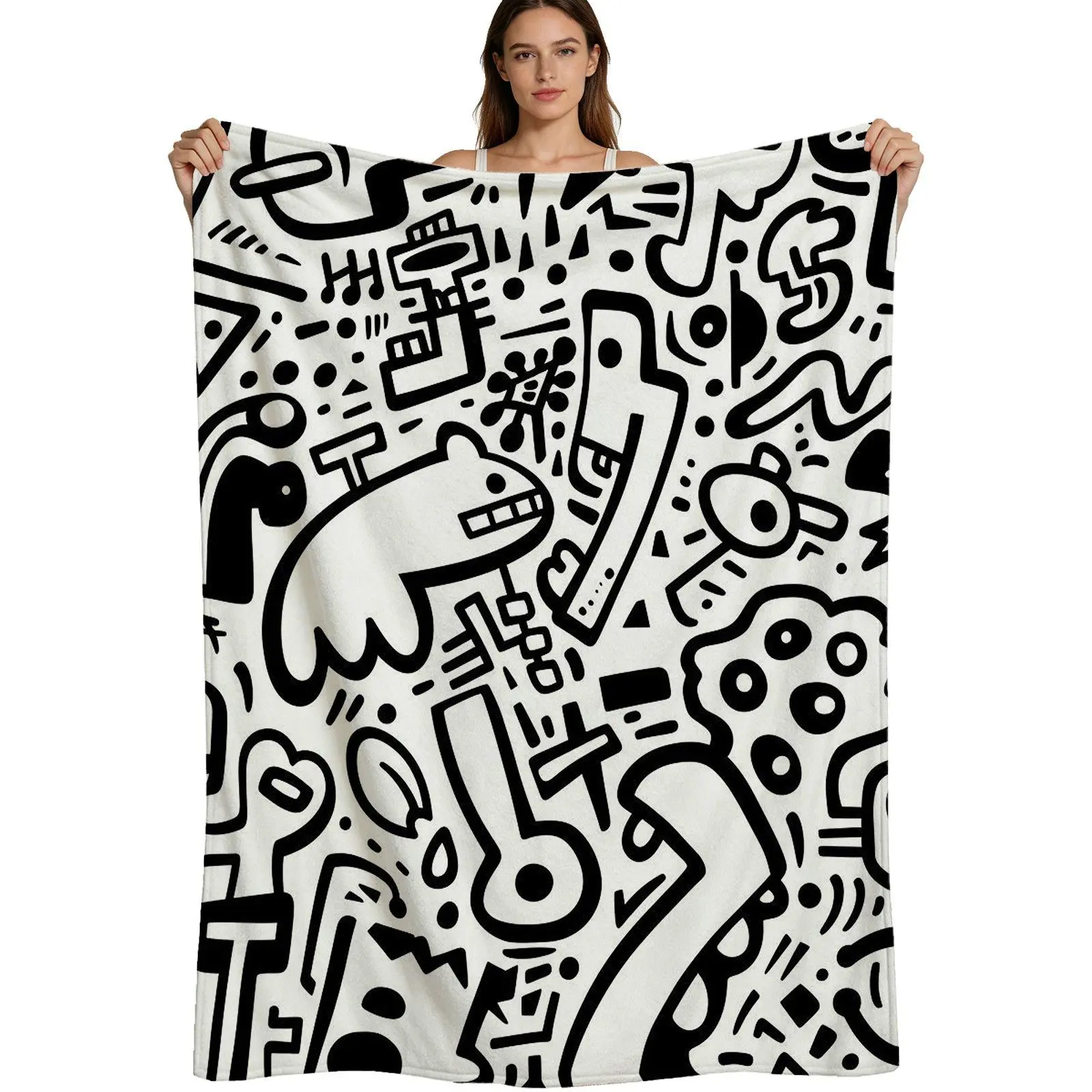 Trendy Doodle Style, Warm Flannel Blanket, Abstract Black And White Graffiti Pattern, Soft Fuzzy Fabric With Vibrant Print, For Teens And Dorm Decor, 4 Sizes Available Single Pack