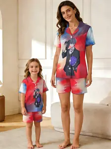 3D Anime Parent-Child Pajama Set, Floral Print Short Sleeve Sleepwear, Casual Slim-Fit Home, Mother-Daughter Matching Pyjamas