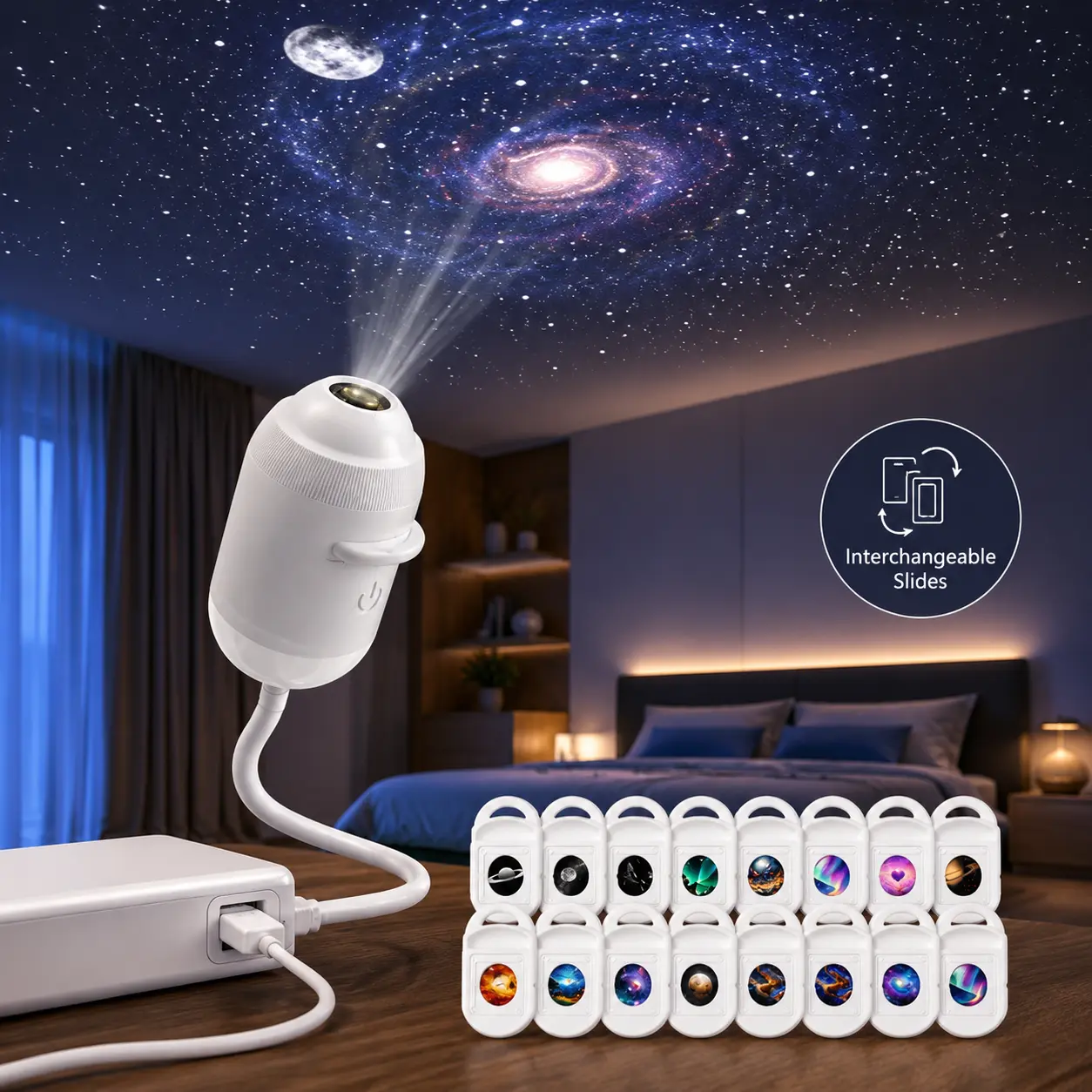 5D Holographic LED Starry Sky Projector Night Light - 2-in-1 Projector & Nightlight, USB-Powered Plug-and-Play with 360° Rotation, Changeable Films, Camping Hiking Headlamp Mode for Bedroom & Gaming Room