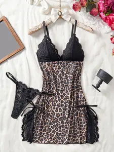 Women's Leopard Print Lace Mesh Deep V Neck Night Dress, Side Slit Bow Design, Comfortable Strapless Sleepwear with Free Panties