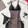 Women's Leopard Print Lace Mesh Deep V Neck Nightdress, Side Slit Bow Design, Comfortable Sleepwear with Panties