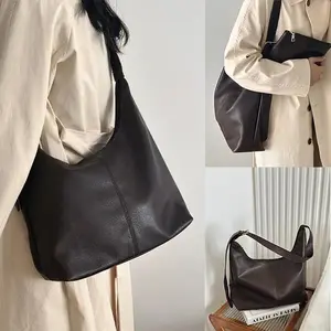 Women's Minimalist Solid Color 2-Piece Shoulder Set - Soft Foldable Vegan Leather Everyday Handbag with Cosmetic Pouch, Casual Versatile Commuting Leisure Accessory, Everyday Bag