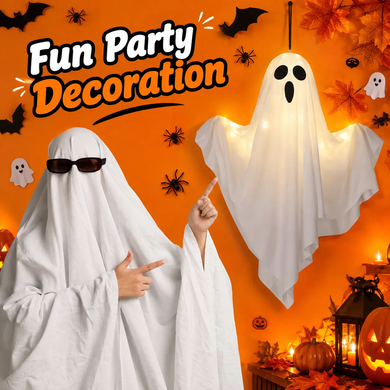 Light-Up Hanging Ghost Halloween Decoration, Poseable Arms, Warm Glow Indoor Outdoor Party Decor