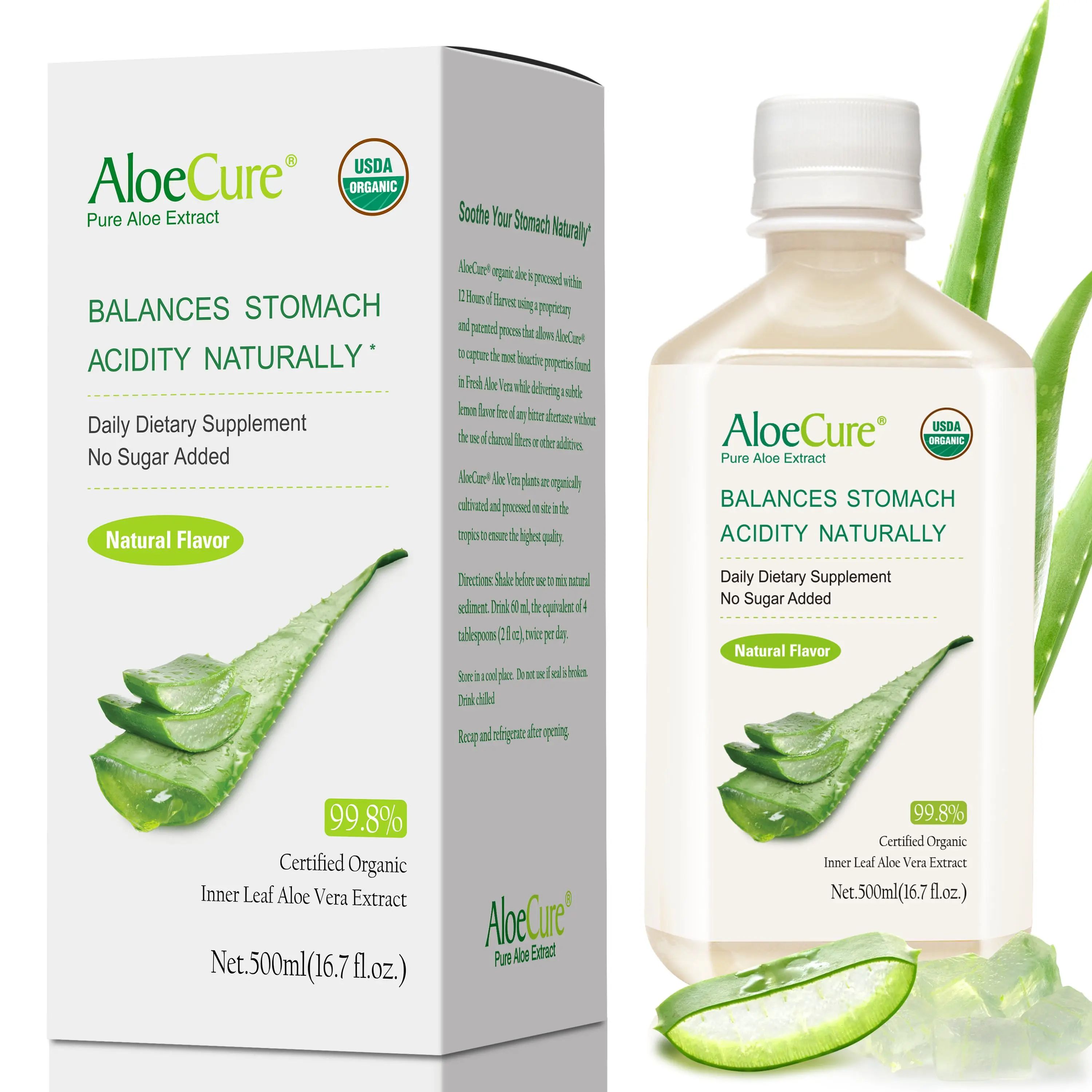 AloeCure USDA Certified Organic 99.8% Pure Aloe Vera Beverage, 500ml Juice (Made Within 12 Hours of Harvest for Max Bioactivity), Gluten-Free, GMO-Free, Supports Digestion & Stomach Acidity Balance