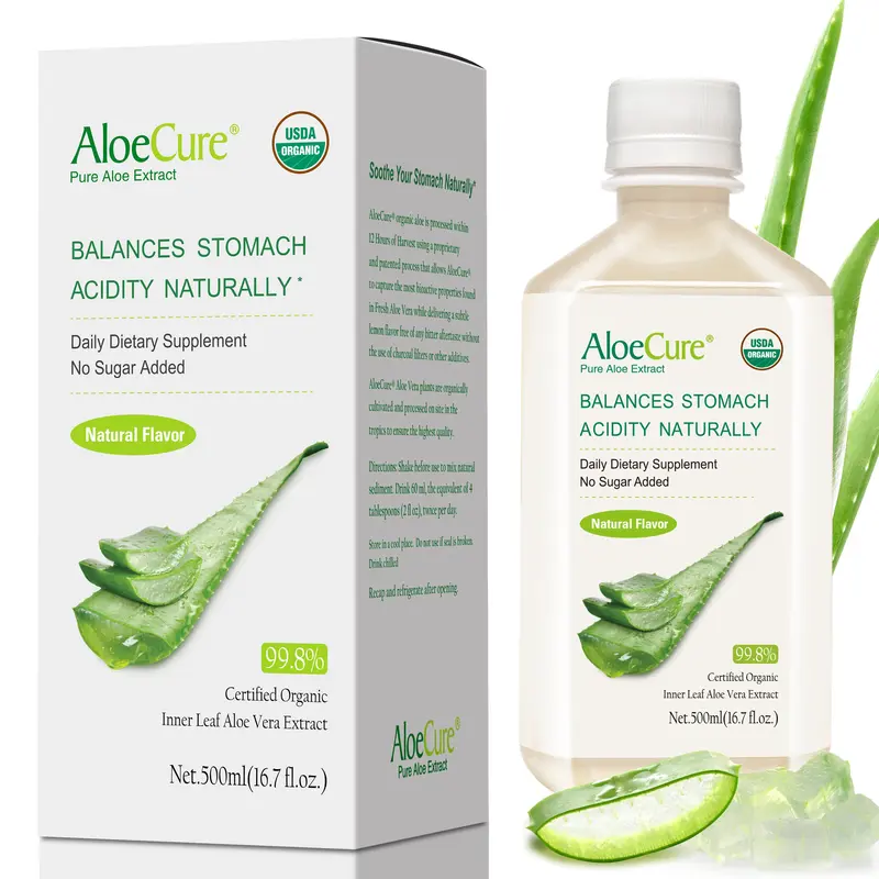 AloeCure USDA Organic Aloe Vera Juice Natural Flavor Made Within 12 Hours of Harvest to Capture Maximum Bioactity, Supporting Optimal Digestion, the Immune System and Balanced Stomach Acidity, 500ml Bottle