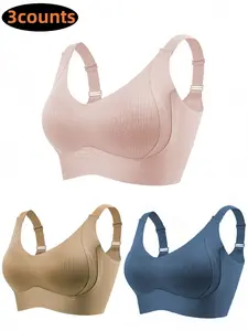 3-Pack Ribbed Wireless Seamless Bra Set! Adjustable Wide Straps & Removable Pads, Full-Coverage Anti-Sagging Support, Breathable Fabric, Snug & Invisible Fit, All-Day Comfort for Daily Wear